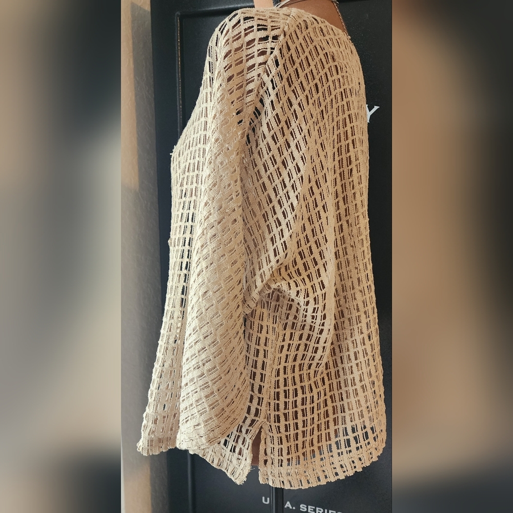 Keren Hart 100% cotton khaki tan small crochet sweater jacket artsy chunky snaps